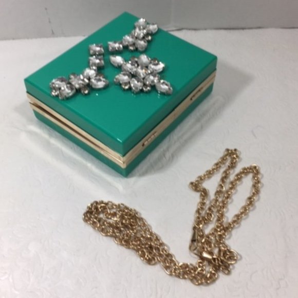 Fashionable Rhinestone Hardcase Box Turquoise Glam Clutch Crossbody 5x6 - Picture 3 of 13